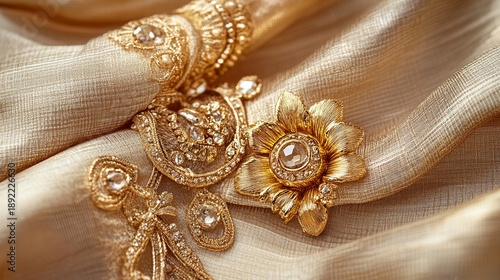 Stylish golden bijouterie on light brown fabric closeup