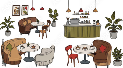 Coffee shop interior furniture and plants set vector illustration