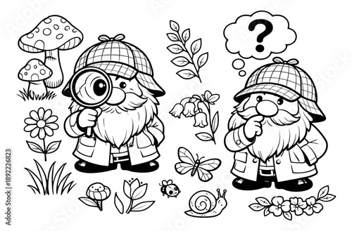 Hand drawn line art detective gnome set featuring gnomes with magnifying glass and thought bubble, along with mushrooms, flowers, and insects for nature exploration
