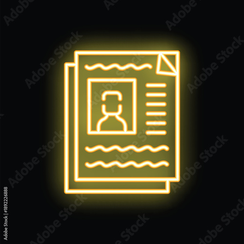 Yellow glowing neon icon representing a stack of resumes or cvs for job applications, emphasizing the recruitment process