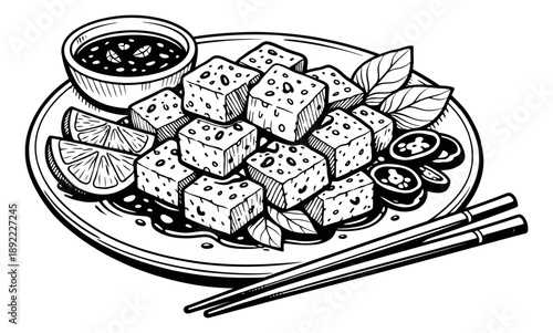 Hand drawn line art illustration of fried tofu served with dipping sauce, lemon, chili, and chopsticks for an Asian restaurant menu