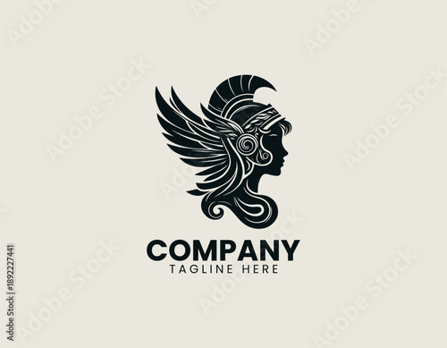 Profile of female warrior wearing winged spartan helmet is isolated on plain background professional. Greek mythology concept