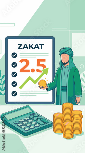 Zakat calculation concept with Muslim man, coins, and financial growth
