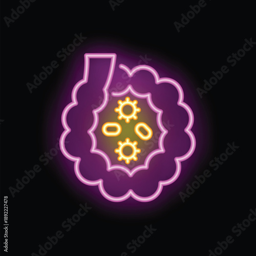 Glowing neon icon representing intestines with dysbacteriosis, highlighting the presence of harmful bacteria