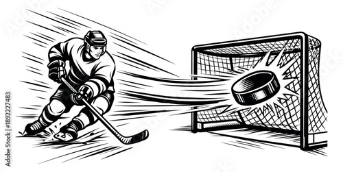 Dynamic line art illustration of an ice hockey player depicting shooting a puck into a goal for sports and competition