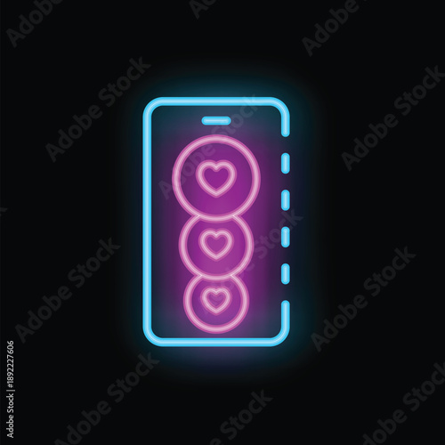 Neon smartphone with increasing love hearts notification icons, concept of social media and internet dating