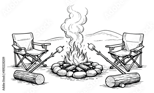 Hand drawn line art illustration of a campfire scene depicting marshmallow roasting for a summer outdoor activity