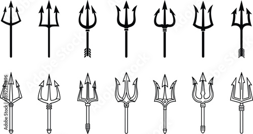 Set of Black Trident Silhouette Vector Icons and Trishul Symbols Isolated on White Background for Tattoo Design Mythology Weapon Graphics and Lord Shiva Illustrations