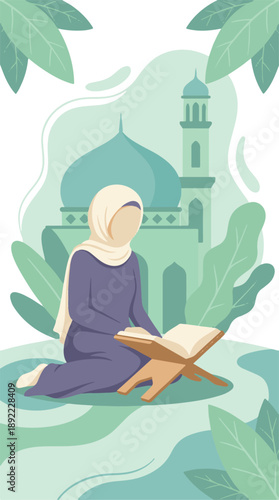 Muslim woman reading the Quran on a rehal in a mosque setting illustration