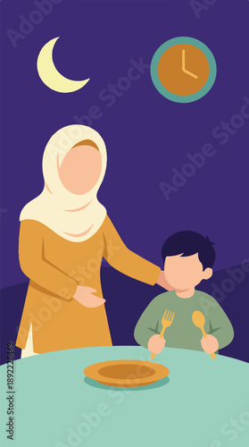 Muslim mother and child preparing for Iftar during Ramadan, flat illustration