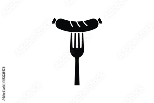 Sausage on fork silhouette icon for barbecue cooking food service and restaurant branding