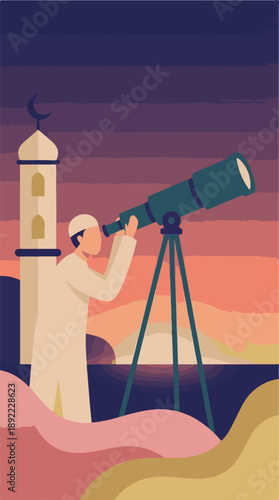 Muslim man observing crescent moon with telescope near mosque at sunset