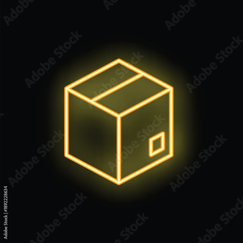 Simple, glowing neon yellow cardboard box is depicted against a black background