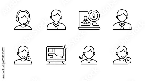 Line art icons depicting customer support representatives and online communication