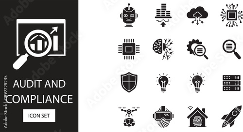 Audit and compliance icon set for artificial intelligence and futuristic technology