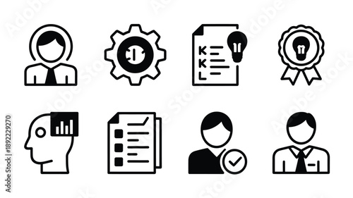 Collection of black and white icons representing business ideas and people