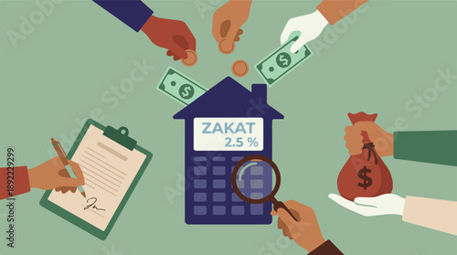 Zakat financial calculation and philanthropic donation concept illustration