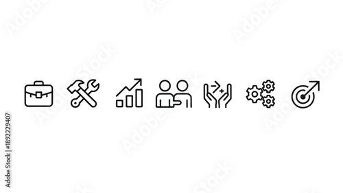 A collection of black line icons representing business and technology concepts