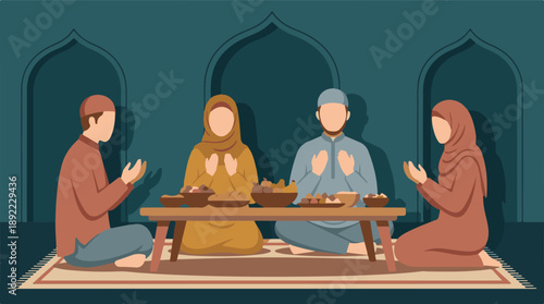 Illustration of Muslim family praying before Iftar during Ramadan