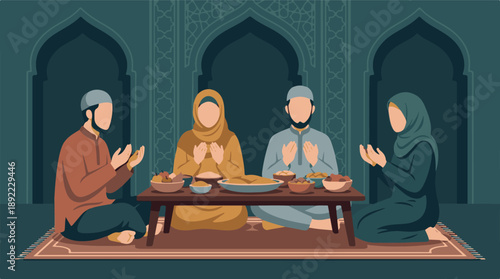 Muslim family praying before a traditional meal, Ramadan Iftar illustration