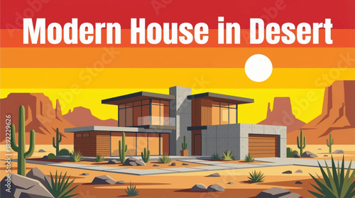 modern house in desert vector illustration cartoon, showcasing smart design, efficient space usage, and modern metropolitan lifestyle