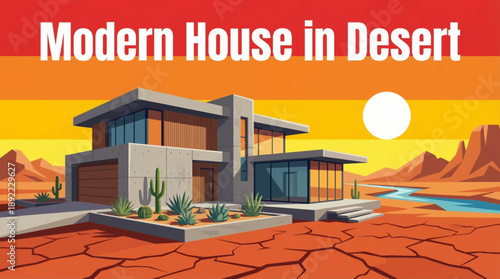 modern house in desert vector illustration cartoon, showcasing smart design, efficient space usage, and modern metropolitan lifestyle