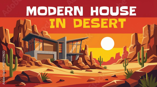 modern house in desert vector illustration cartoon, showcasing smart design, efficient space usage, and modern metropolitan lifestyle