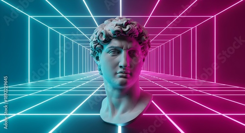 Renaissance sculpture bust confronts vibrant neon grid tunnel reflecting futuristic synthwave aesthetic lighting dramatically