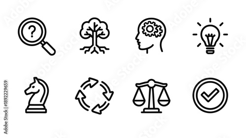Line art icons representing inquiry growth thought and problem solving concepts