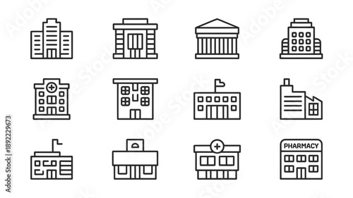 Line art illustrations depicting various public buildings and architectural structures