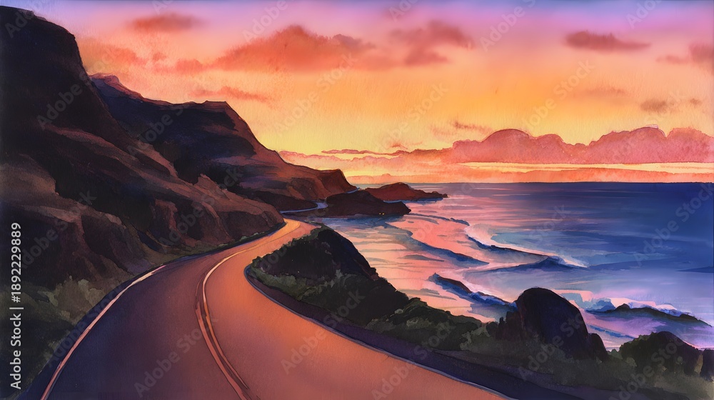 Fototapeta premium Serene coastal road illustration sunset ocean cliffs warm light perspective tranquil landscape art