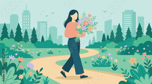Woman walking with a bouquet of flowers in an urban park setting