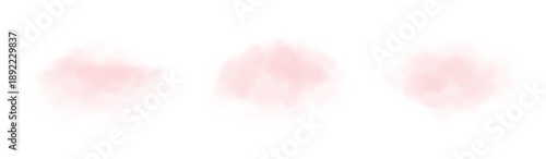 Realistic fluffy pink clouds set. Soft pink clouds isolated on white background. Pink dreamy elements for romantic Valentine design. Transparent soft gradients.