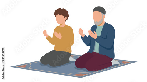 Two Muslim men praying on a mat, hands raised in supplication, religious ceremony