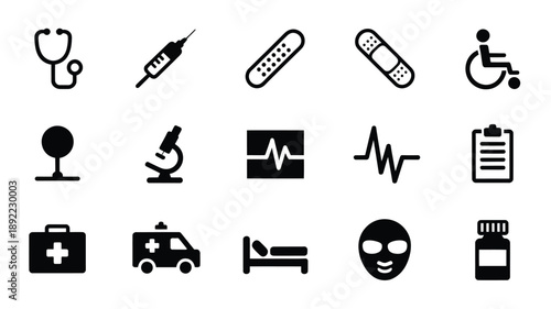 Collection of black medical icons representing healthcare illness and treatment
