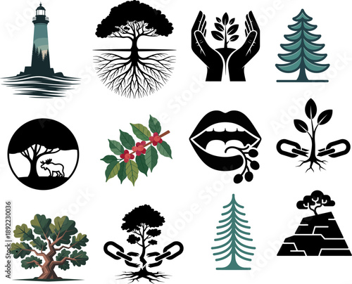 Comprehensive Nature and Ecology Vector Icon Set: Lighthouse, Tree of Life, Hands Holding Growth, Coffee Branch, Forest Wildlife Logos, and Environmental Conservation Symbols Collection.