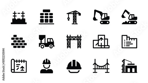 Construction icons depicting buildings machinery and safety equipment in black
