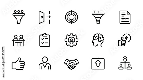 Collection of diverse linear icons representing business strategy and human resources