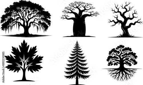Diverse Tree Silhouettes Vector Pack: Collection of 6 Detailed Black Icons Including Baobab, Majestic Oak, Spooky Bare Branches, Maple, Pine, and Rooted Tree for Nature Logos and Forestry Designs.