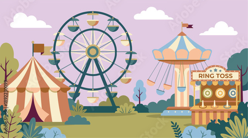 Amusement park scene with rides, games, and circus tent illustration