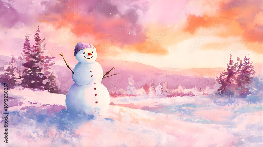 Obraz premium Classic Snowman Illustration Winter Sunset Landscape Cheerful Festive Scene Artistic Watercolor Painting