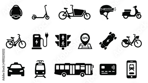 Urban Mobility and Public Transportation Vector Icons Set