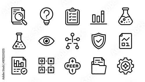 A collection of scientific and research related line icons simply illustrated