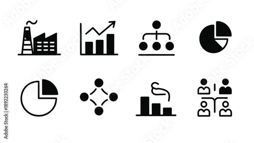 A collection of black glyph icons representing business data and industry