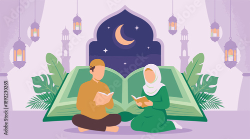Muslim couple reading holy books during Ramadan or Eid celebration