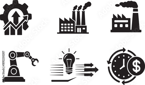  Industrial progress concept with gear Icon, rising arrow and growth chart for business and technology, vector graphic.eps