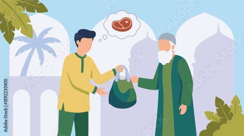 Young man giving bag of meat to elder, symbolizing charity and sharing