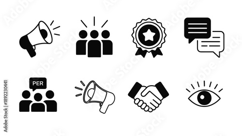 Black icons depicting communication leadership and concepts of quality and trust