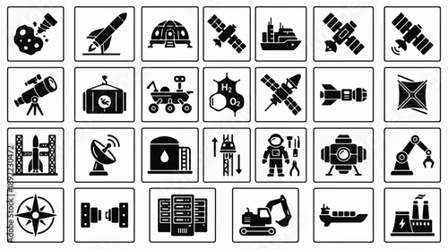Space exploration, technology, and industry vector icons collection