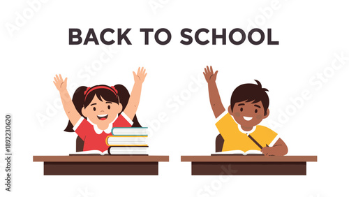 Back to school illustration showing a boy and girl raising their hands at their desks with books in a classroom setting.